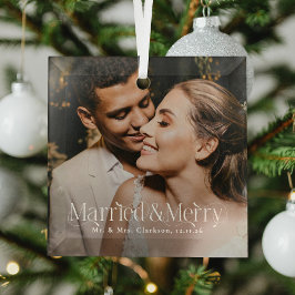 Adorno De Cristal Elegant Married & Merry Newlywed Photo, Christmas