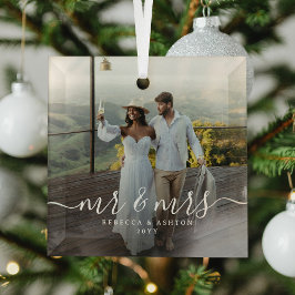 Adorno De Cristal Elegant Script & Custom Newlyweds Photo Christmas