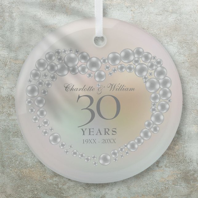 Adorno De Cristal Elegante Aniversario de la Perla 30° Boda (Elegant Pearl 30th Wedding Anniversary Glass Ornament)