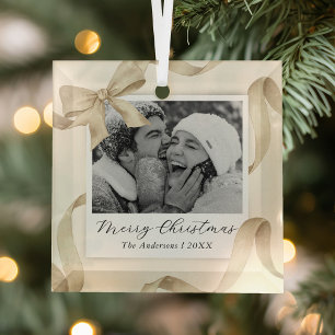 Adorno De Cristal Elegante Cream Gold Bow Photo Holiday