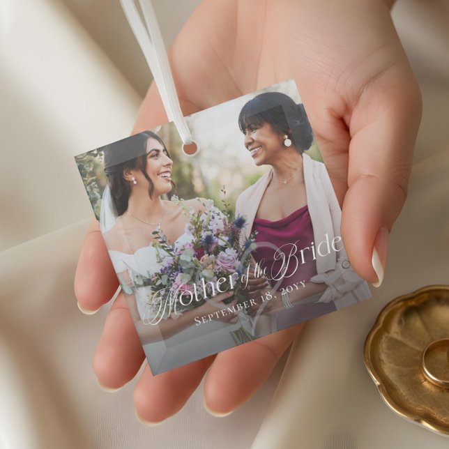 Adorno De Cristal Elegante escritura madre de la novia foto Keepsake (Elegant Script Mother of the Bride Photo Keepsake Glass Ornament)