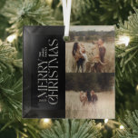 Adorno De Cristal Elegante follaje negro moderno foto mínima<br><div class="desc">Elegante multifoto moderna minimalista tipografía botánica de color blanco y negro de color agua Marea decoración navideña adorno.</div>