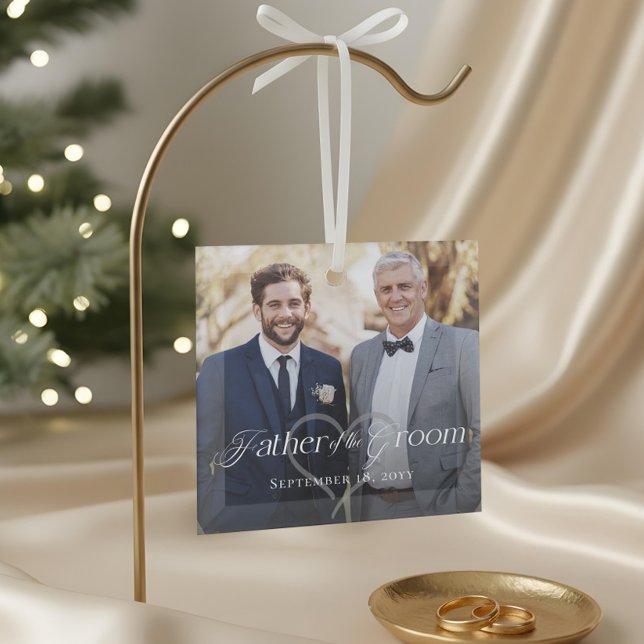 Adorno De Cristal Elegante guión padre de la foto de Groom Keepsake (Elegant Script Father of the Groom Photo Keepsake Glass Ornament)