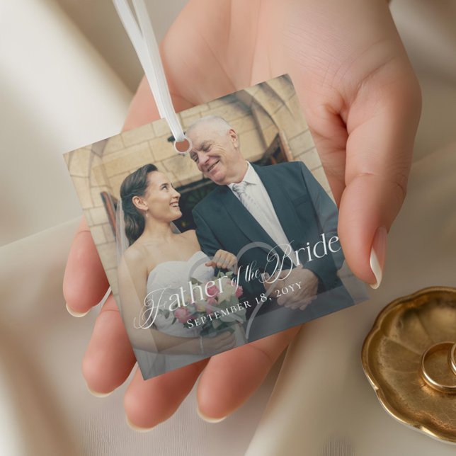 Adorno De Cristal Elegante guión padre de la novia foto Keepsake (Elegant Script Father of the Bride Photo Keepsake Glass Ornament)