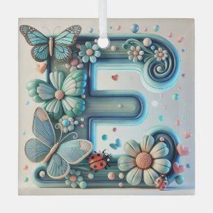Adorno De Cristal Elegante letra floral E con mariposas