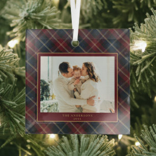 Adorno De Cristal Elegante Plaid Clásico Foto Familiar Navidad