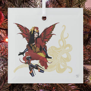 Adorno De Cristal Elegante Pulpo Hada Victoriano Steampunk Rojo