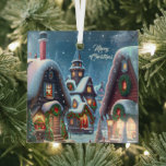 Adorno De Cristal Encantador pueblo de Navidades nevados<br><div class="desc">Este encantador ornamento cuenta con un pueblo de nieve con casas decoradas con Navidades por la noche. Calles y techos están densamente cubiertos de nieve, las ventanas están iluminadas, la decoración navideña consiste de abetos y bolas rojas de árbol de Navidad. ¡Los Navidades maravillosos son un regalo para tu familia,...</div>