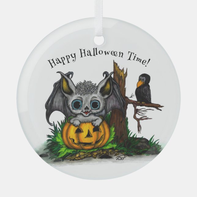 Adorno De Cristal Esperando Halloween , Cute Bat y Raven (Anverso)