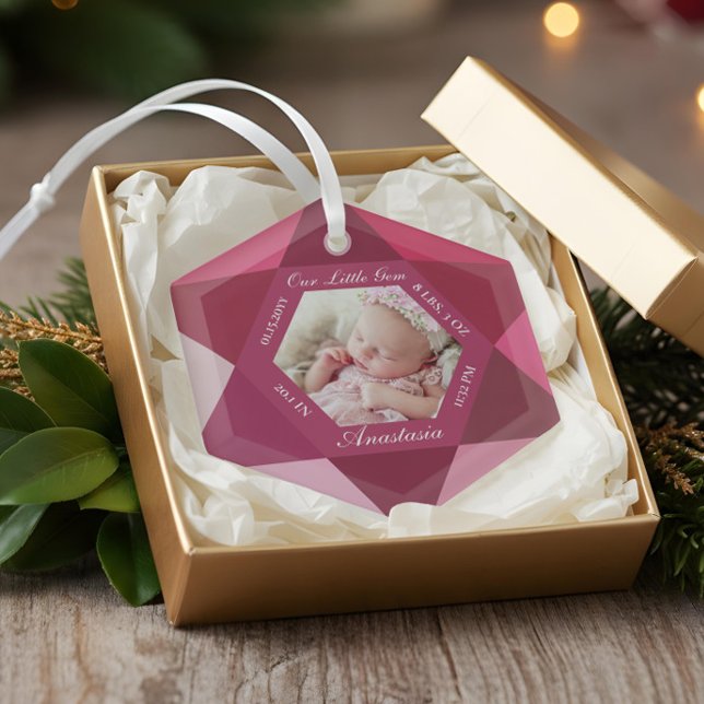 Adorno De Cristal Estadísticas de natalidad de nuestra pequeña joya  (Our Little Gem January Birthstone Baby Birth Stats Glass Ornament)