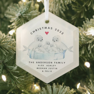 Adorno De Cristal Familia de Cinco Focas de Sello de Navidad