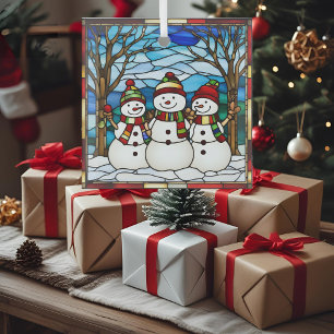 Adorno De Cristal Familia de muñeco de nieve falso vidrio emplomado 