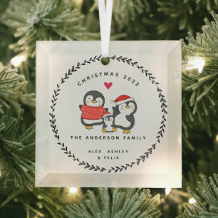Adorno De Cristal Familia de tres pingüinos en Navidad