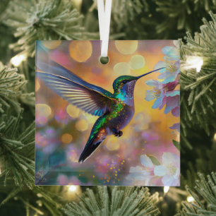 Adorno De Cristal Fantasía de Flor de Cerezo Amanecer Colibrí