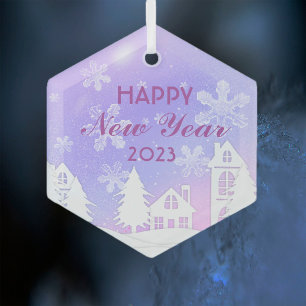 Adorno De Cristal Feliz Año Nuevo 2023 Nieve morada en la Casa Blanc