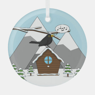 Adorno De Cristal Feliz Canto de Blackbird en el paisaje invernal