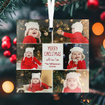 Adorno De Cristal Feliz Collage de fotos navideño personalizado<br><div class="desc">Este adorable y moderno adorno de cristal de Feliz Navidad cuenta con un elegante diseño de 6 fotos familiares sobre un fondo blanco con tipografía verde y rojo bonito. Este hermoso regalo de decoración para las vacaciones fotográficas de los niños presenta el collage de fotografías de sus propios hijos que...</div>