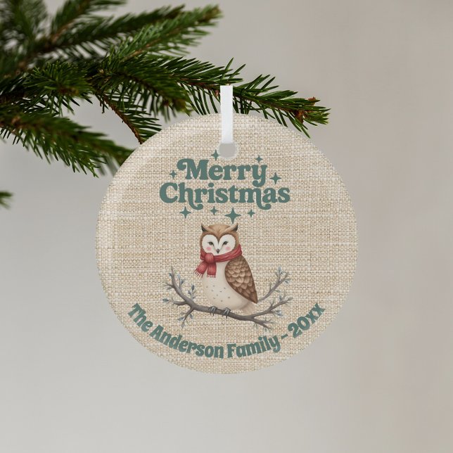 Adorno De Cristal Feliz Navidad beige burlap lindo búho verde (Subido por el creador)