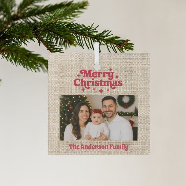 Adorno De Cristal Feliz Navidad foto roja beige burlap (Subido por el creador)