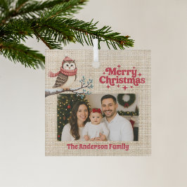 Adorno De Cristal Feliz Navidad foto roja beige burlap owa