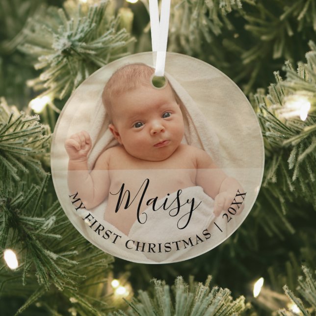 Adorno De Cristal First Christmas Baby Photo Script Name (in situ)