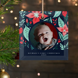 Adorno De Cristal First Christmas Botanical Red Floral Blue Photo