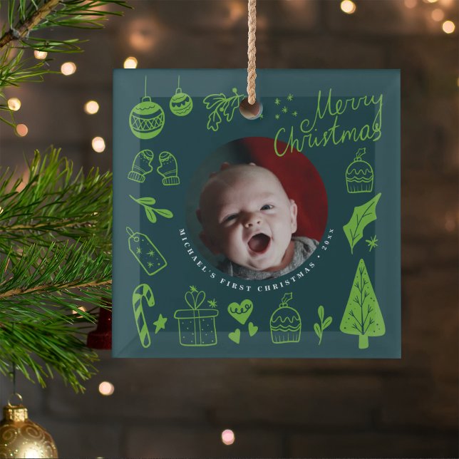 Adorno De Cristal First Christmas Green Cute Hand Drawn Doodles (Subido por el creador)