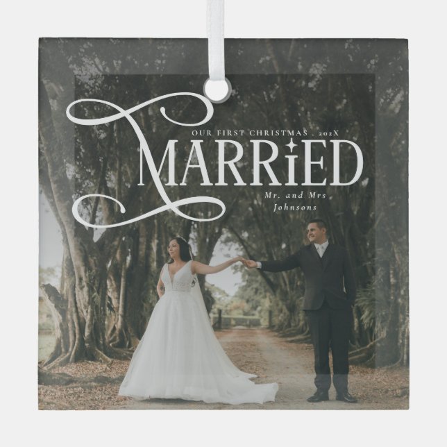 Adorno De Cristal First Christmas Married Mr & Mrs Couples Photo  (Anverso)