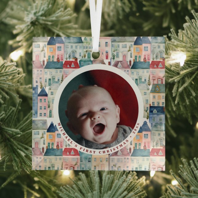 Adorno De Cristal First Christmas Photo Red Festive Houses Holiday  (in situ)
