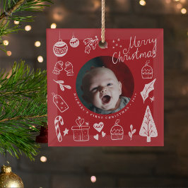 Adorno De Cristal First Christmas Red Cute Hand Drawn Doodles
