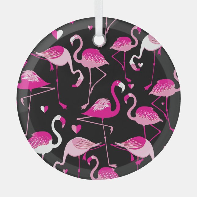 Adorno De Cristal Flamencos rosados, patrón oscuro sin costuras. (Anverso)