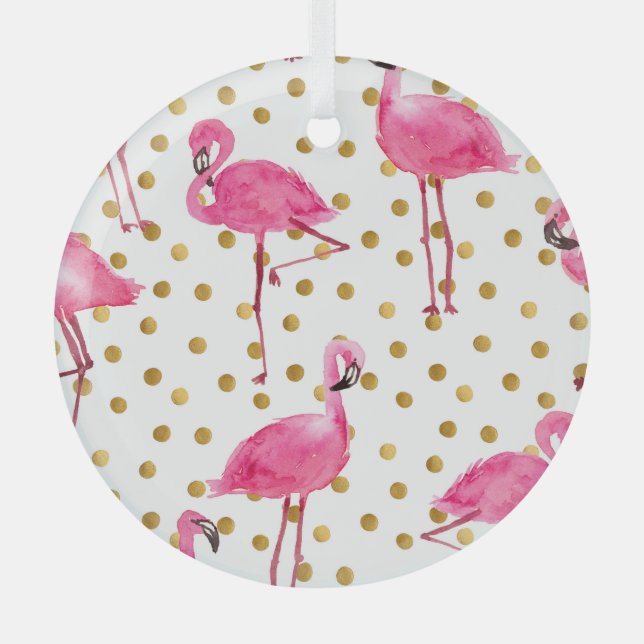 Adorno De Cristal Flamencos rosas, puntos dorados, acuarela. (Anverso)