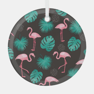 Adorno De Cristal Flamingo, hojas de palma: acuarela tropical.