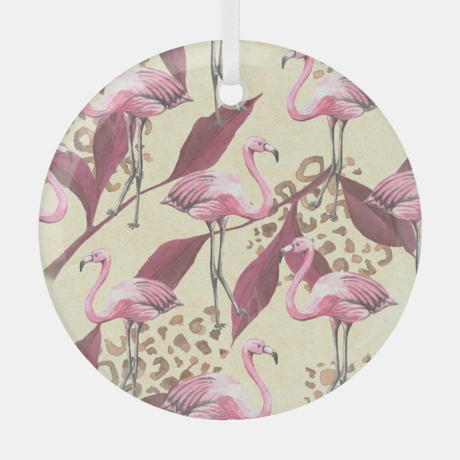 Adorno De Cristal Flamingo rosa tropical, patrón leopardo. (Anverso)