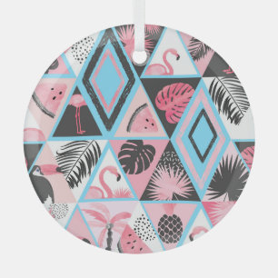 Adorno De Cristal Flamingo tropical en mosaico, patrón de palma.