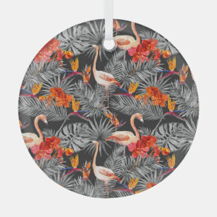Adorno De Cristal Flamingo y flores, patrón monocromo.