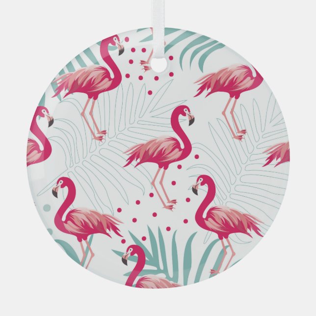 Adorno De Cristal Flamingo y hojas tropicales, patrón de verano. (Anverso)