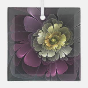 Adorno De Cristal Flor Cuadrada Fractal Gris Purpur Abstracto