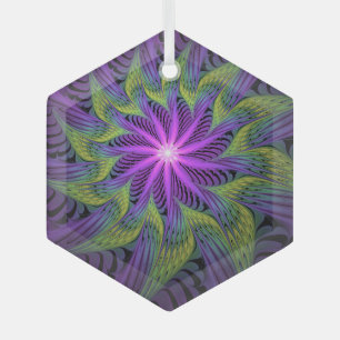 Adorno De Cristal Flor moderna abstracta arte fractal verde púrpura