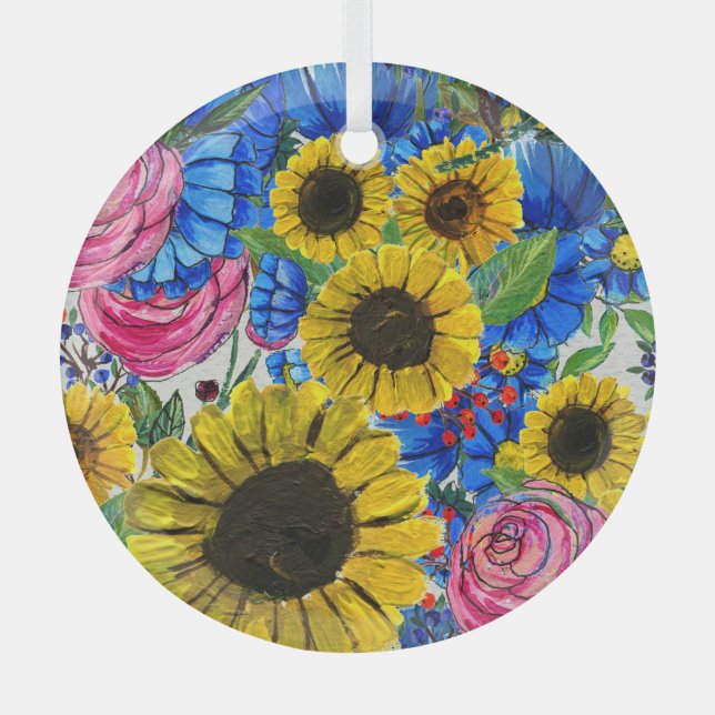 Adorno De Cristal Flora rosa amarilla azul sin soldadura (Anverso)