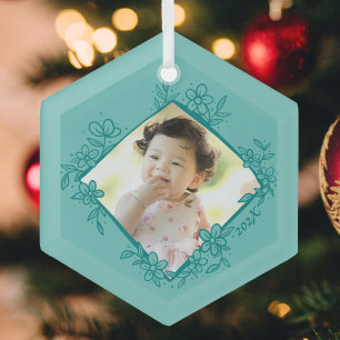 Adorno De Cristal Floral Baby's First Christmas Ornament - Teal