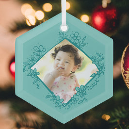 Adorno De Cristal Floral Baby's First Christmas Ornament - Teal