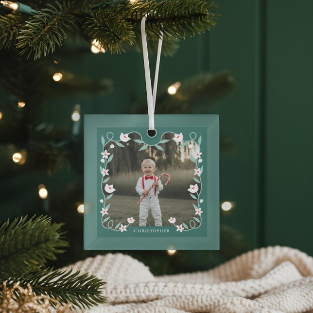Adorno De Cristal Floral Foliage Elegante Foto Verde Nombre Keepsake (Floral Foliage Elegant Green Photo Name Keepsake Glass Ornamen)