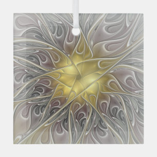 Adorno De Cristal Florecer con flor fractal abstracta moderna de oro