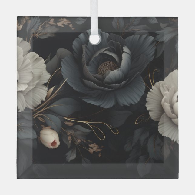 Adorno De Cristal Flores de blanco y negro (Anverso)