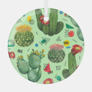 Adorno De Cristal Flores de cactus: fondo geométrico acuarela.
