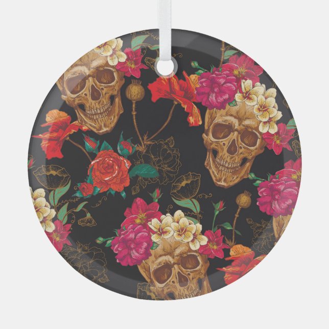 Adorno De Cristal Flores De Calavera: Fondo Oscuro Sin Marea. (Anverso)