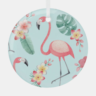 Adorno De Cristal Flores tropicales Flamingos Patrón de acuarela