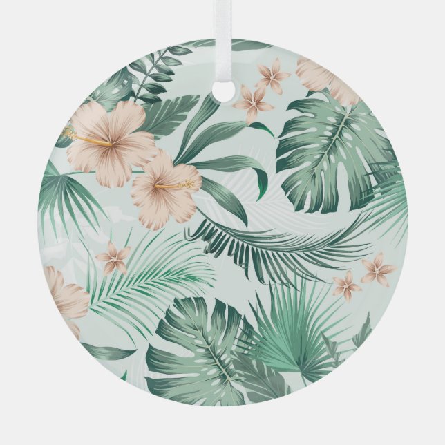 Adorno De Cristal Flores tropicales, patrón de follaje exuberante. (Anverso)