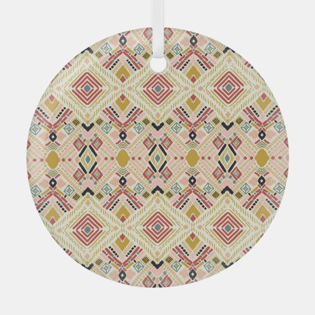 Adorno De Cristal Folclore geométrico Ikat, patrón damasco oriental. (Anverso)